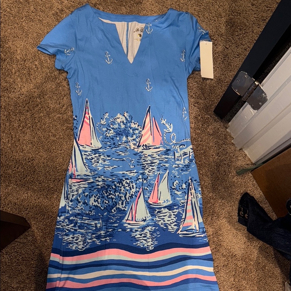 Lilly Pulitzer Blue Sheath Midi Dress V-Neck Short Sleeve